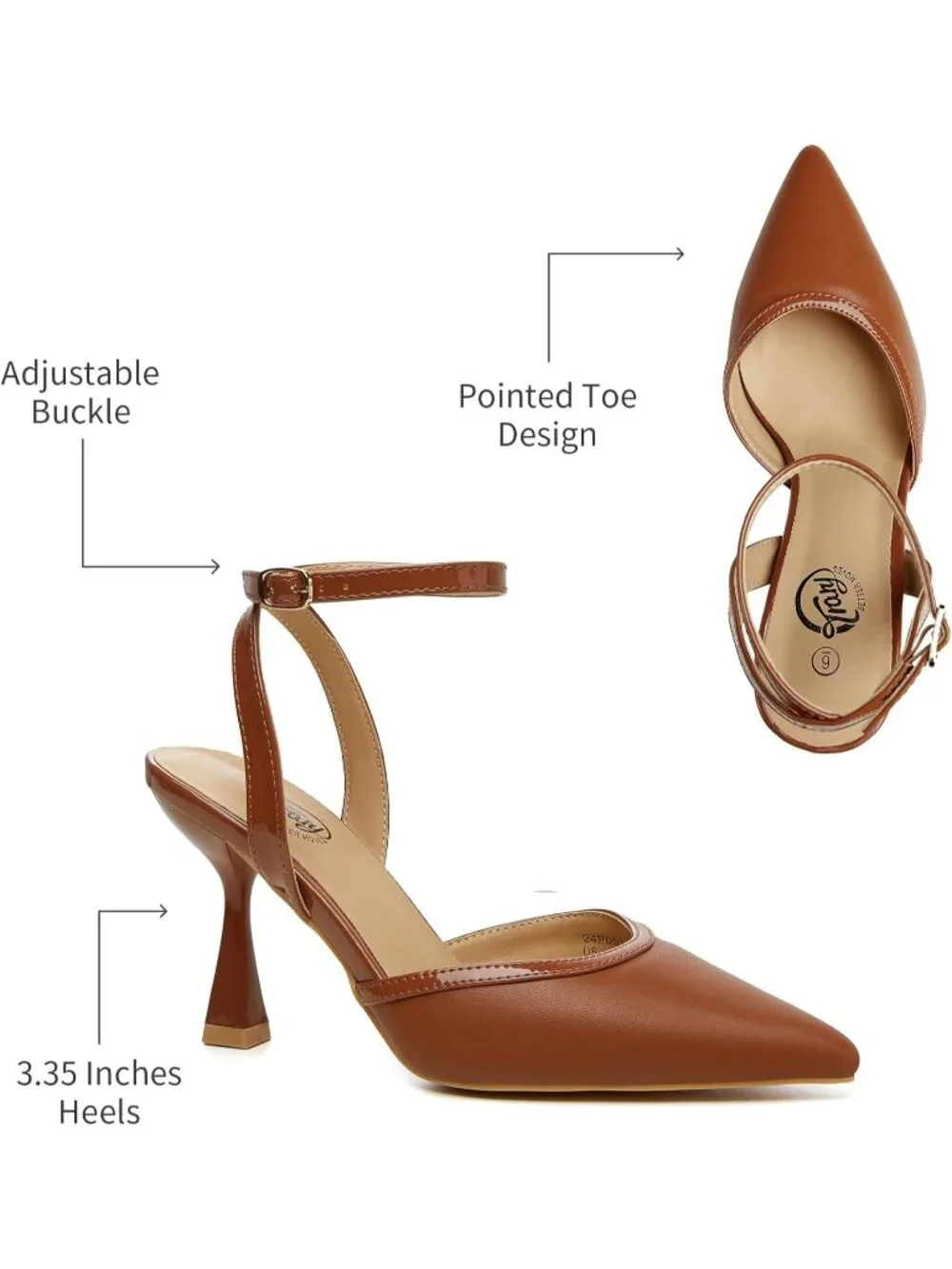 Women's Brown Pu Slingback Pointed Toe Stiletto Heels Ankle Strap Dress Shoes
